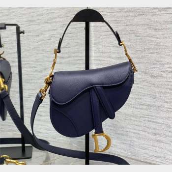 Dior Mini Saddle Bag with Strap in Grained Calfskin Navy Blue 2023 (bonika-23100726)