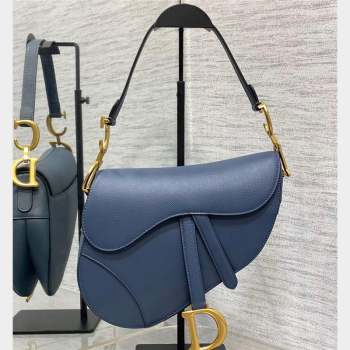 Dior Saddle Bag with Strap in Grained Calfskin Blue 2023 (bonika-23100713)