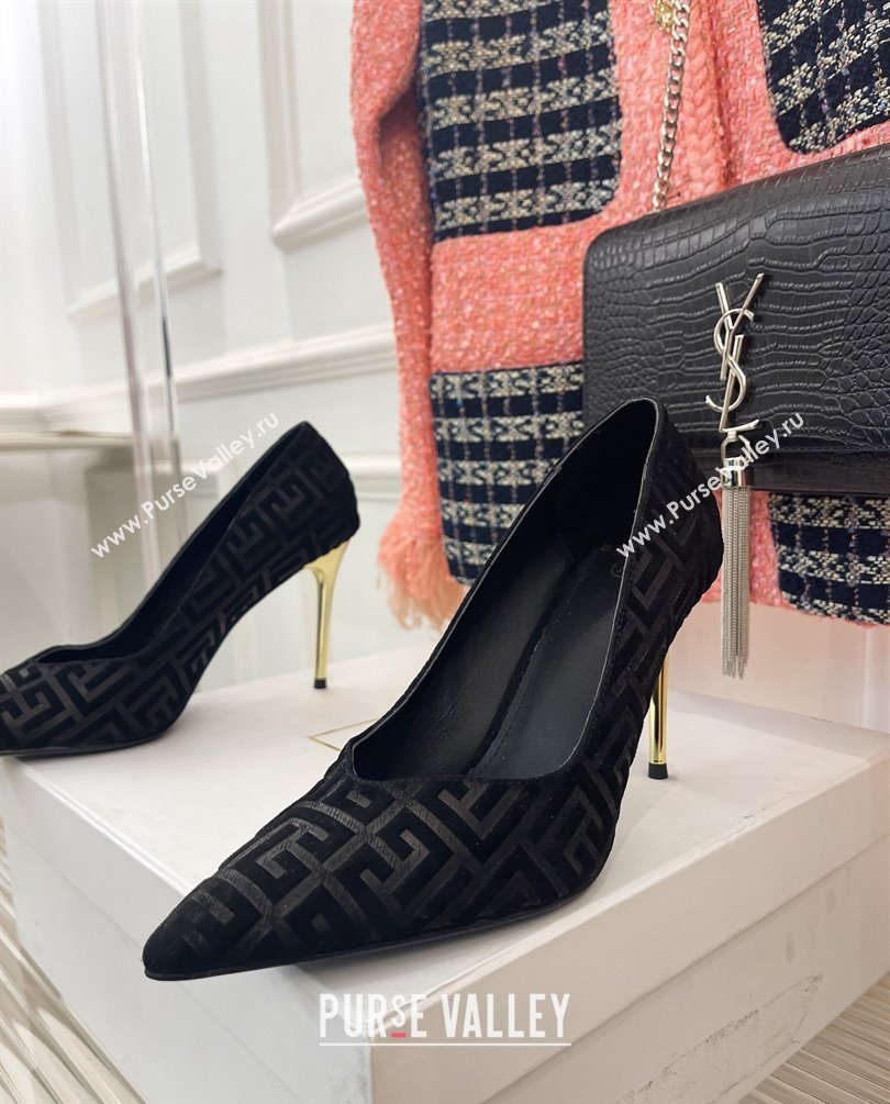 Balmain Heel 10.5cm Ruby stilettos Pumps Suede Black with monogram 2023 (kaola-23100724)