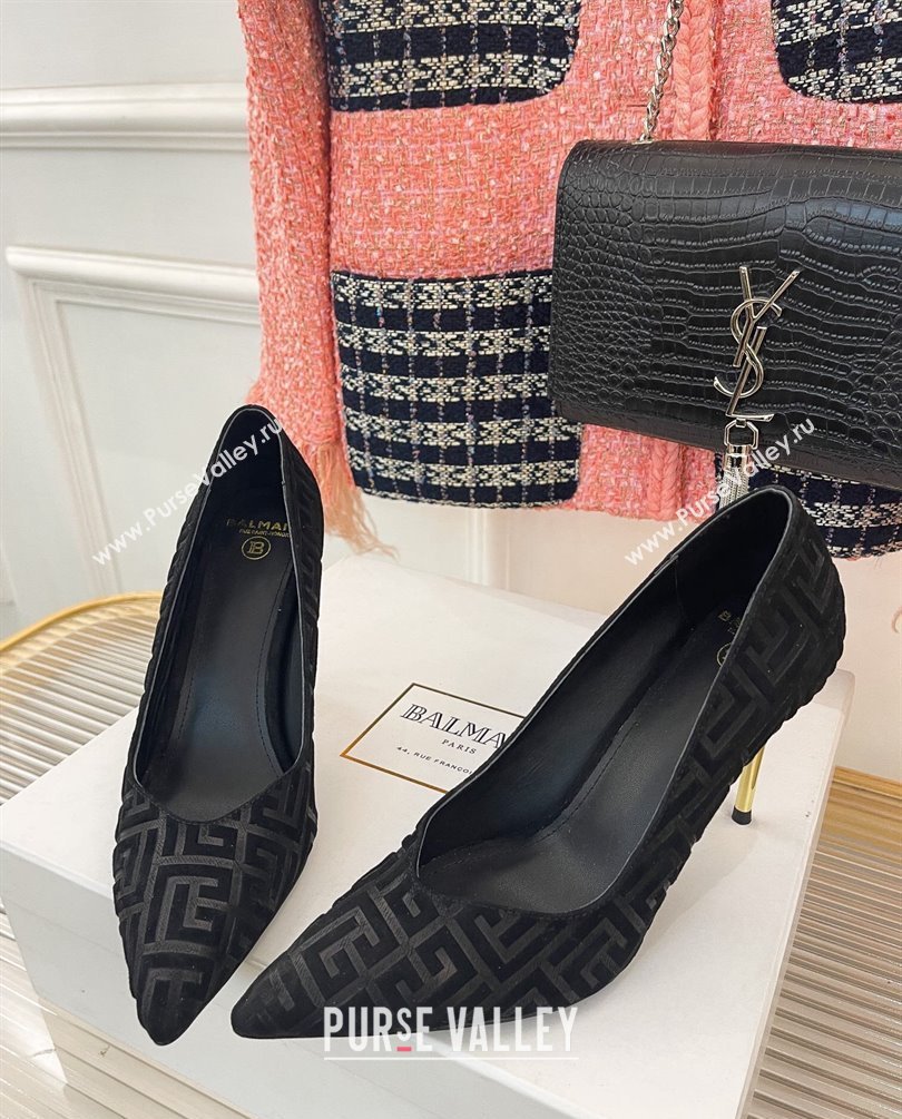 Balmain Heel 10.5cm Ruby stilettos Pumps Suede Black with monogram 2023 (kaola-23100724)
