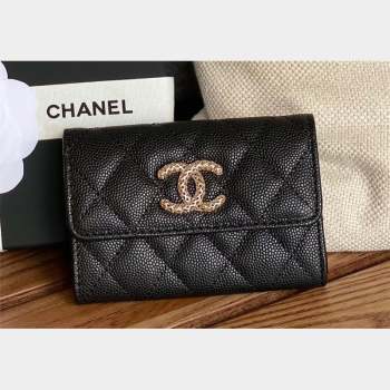 Chanel Gold-Tone Cutout CC Logo Flap Card Holder AP3187 in Grained Calfskin Black (keke-23101151)