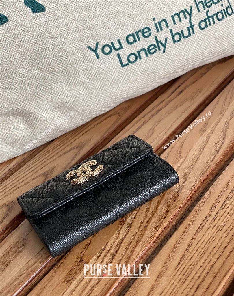 Chanel Gold-Tone Cutout CC Logo Flap Card Holder AP3187 in Grained Calfskin Black (keke-23101151)