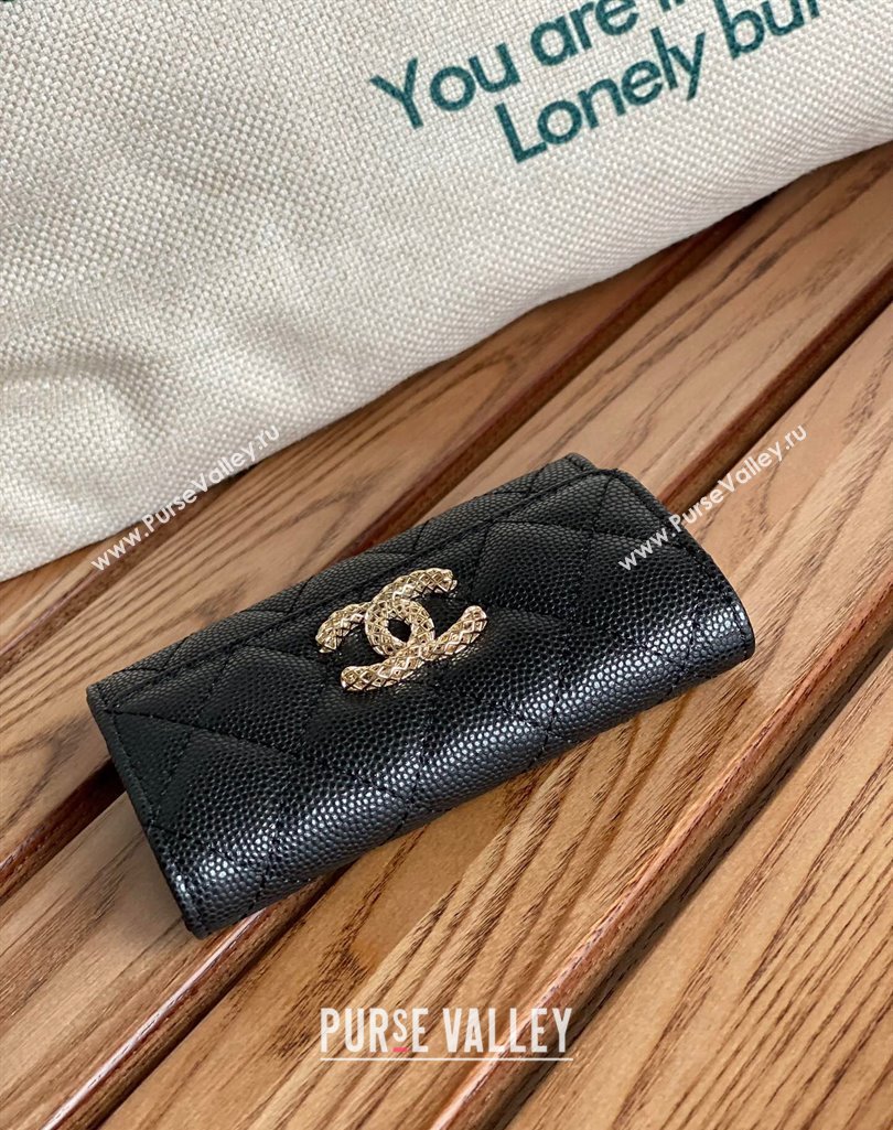 Chanel Gold-Tone Cutout CC Logo Flap Card Holder AP3187 in Grained Calfskin Black (keke-23101151)