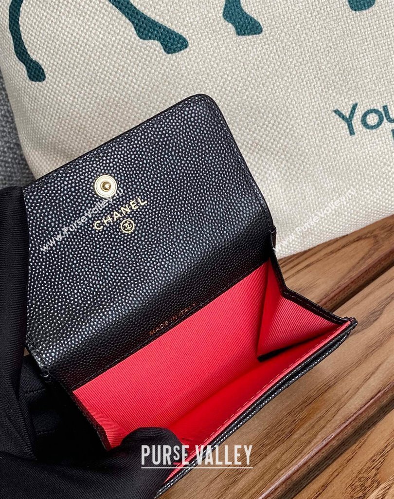 Chanel Gold-Tone Cutout CC Logo Flap Card Holder AP3187 in Grained Calfskin Black (keke-23101151)