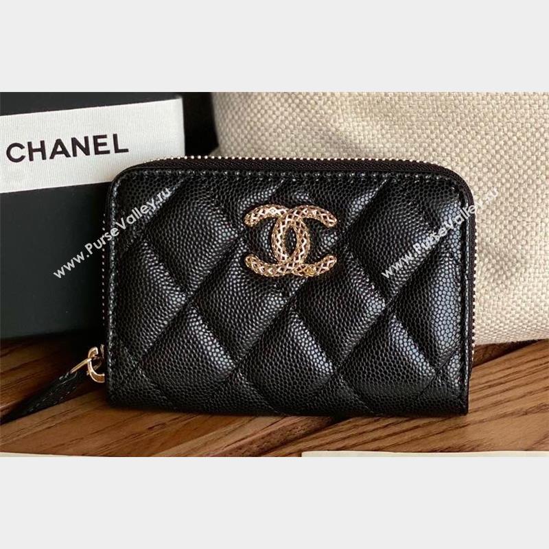 Chanel Gold-Tone Cutout CC Logo Zip Card Holder AP3185 in Grained Calfskin Black (keke-23101155)