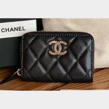 Chanel Gold-Tone Cutout CC Logo Zip Card Holder AP3185 in Grained Calfskin Black (keke-23101155)