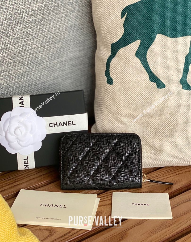 Chanel Gold-Tone Cutout CC Logo Zip Card Holder AP3185 in Grained Calfskin Black (keke-23101155)