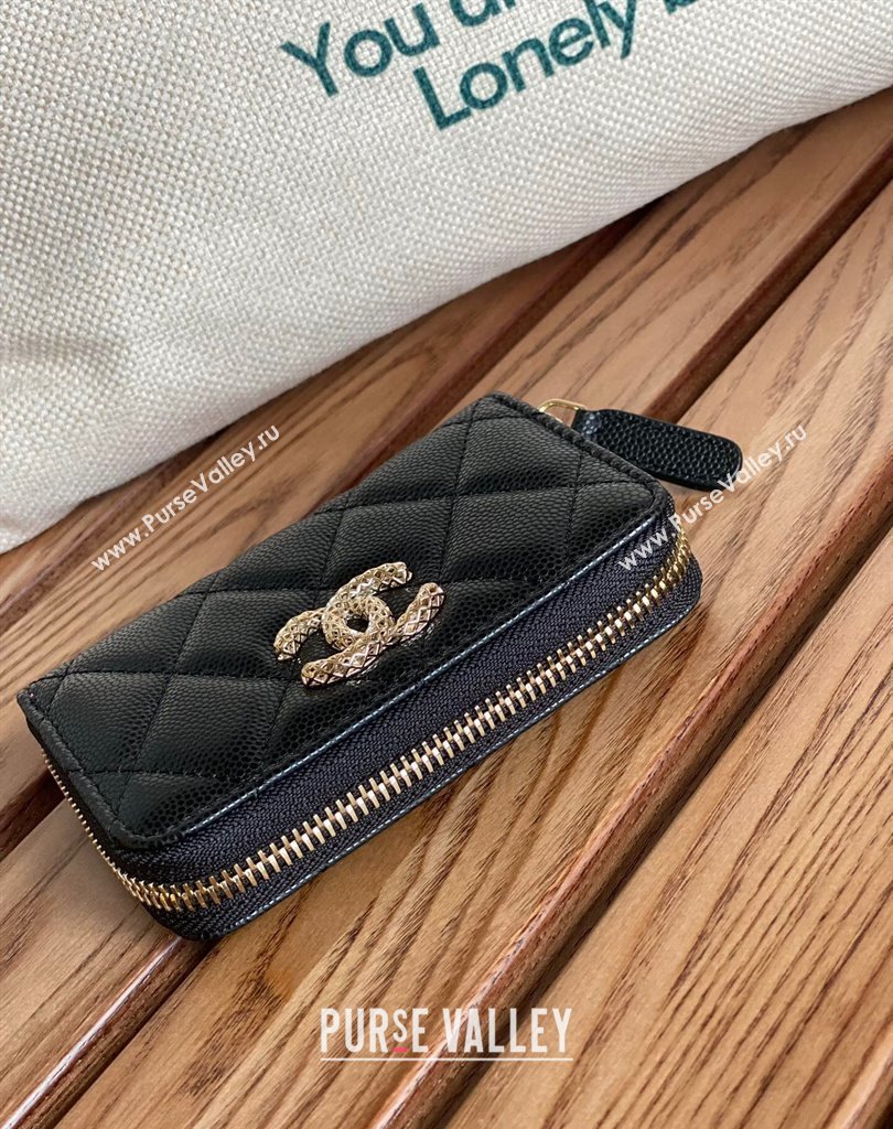 Chanel Gold-Tone Cutout CC Logo Zip Card Holder AP3185 in Grained Calfskin Black (keke-23101155)