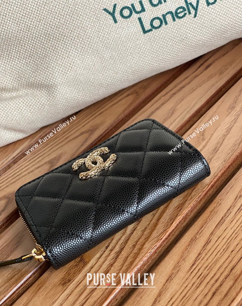 Chanel Gold-Tone Cutout CC Logo Zip Card Holder AP3185 in Grained Calfskin Black (keke-23101155)