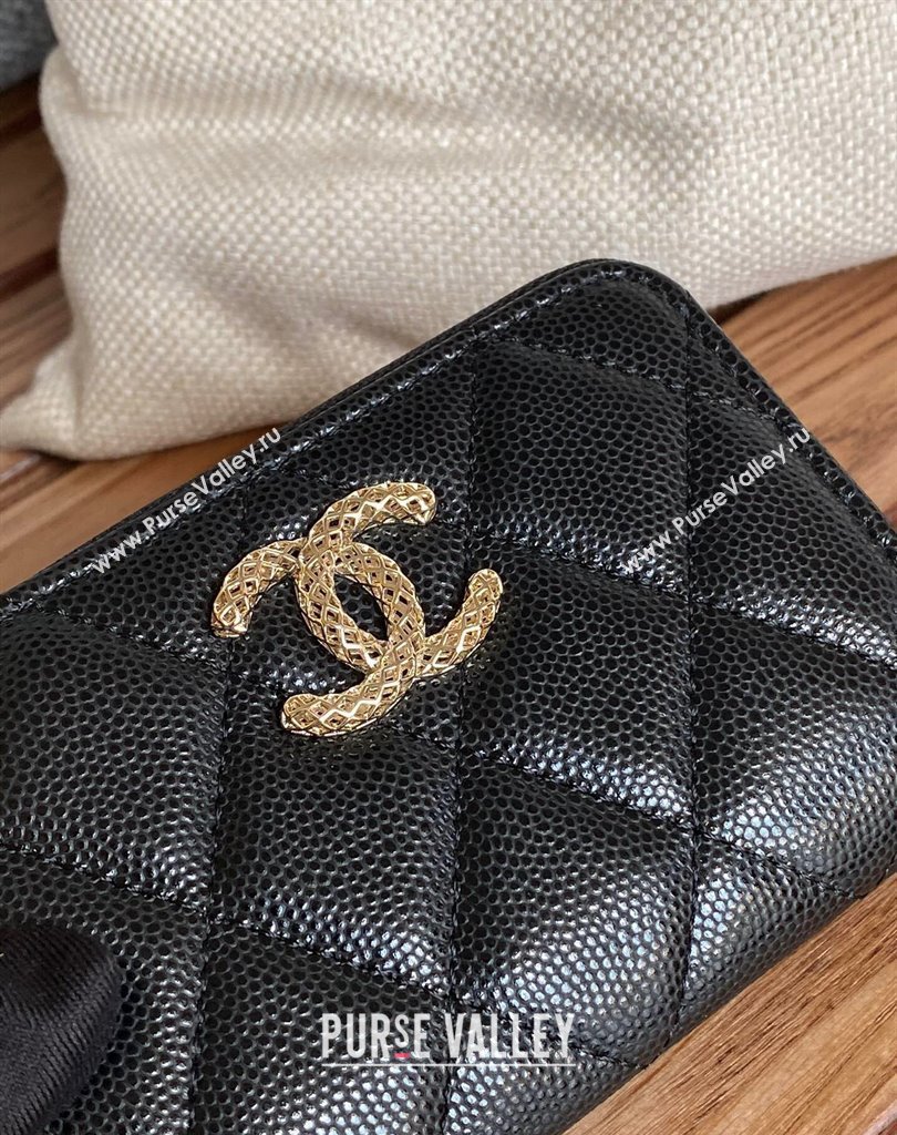 Chanel Gold-Tone Cutout CC Logo Zip Card Holder AP3185 in Grained Calfskin Black (keke-23101155)