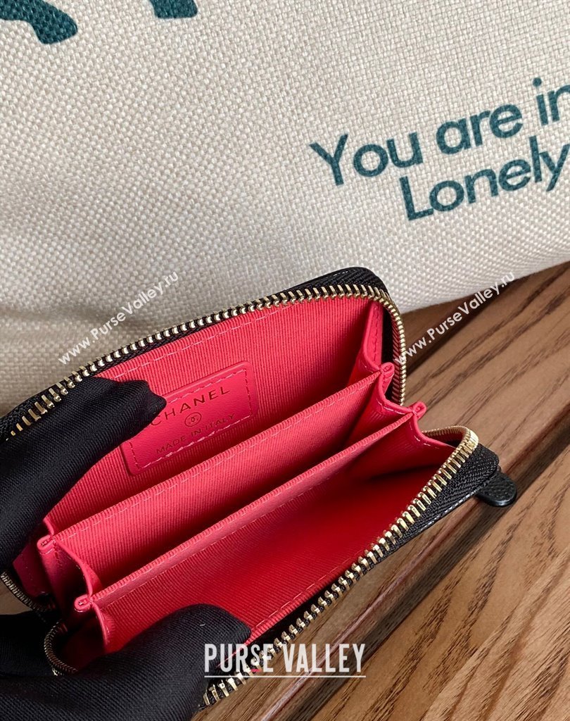 Chanel Gold-Tone Cutout CC Logo Zip Card Holder AP3185 in Grained Calfskin Black (keke-23101155)