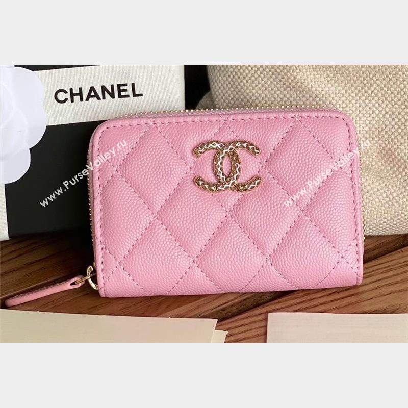 Chanel Gold-Tone Cutout CC Logo Zip Card Holder AP3185 in Grained Calfskin Pink (keke-23101157)
