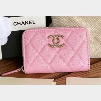 Chanel Gold-Tone Cutout CC Logo Zip Card Holder AP3185 in Grained Calfskin Pink (keke-23101157)