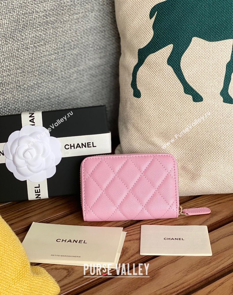 Chanel Gold-Tone Cutout CC Logo Zip Card Holder AP3185 in Grained Calfskin Pink (keke-23101157)