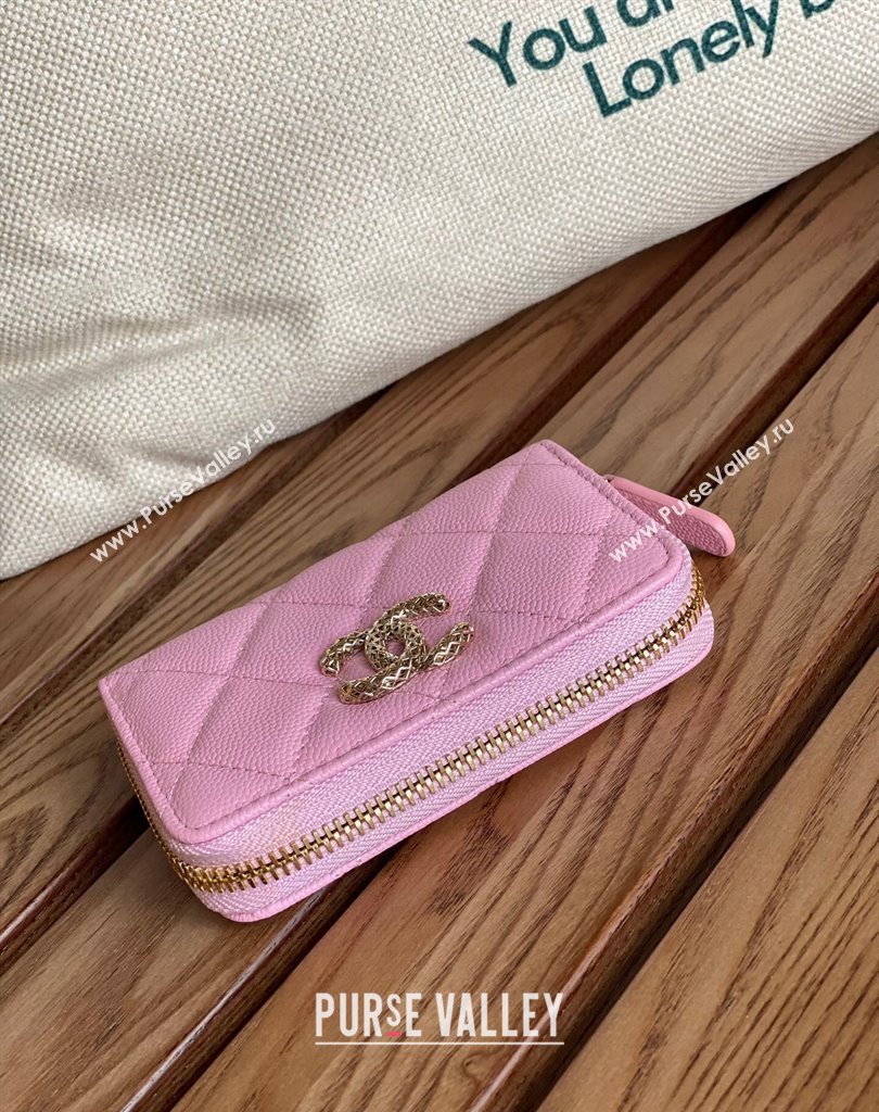 Chanel Gold-Tone Cutout CC Logo Zip Card Holder AP3185 in Grained Calfskin Pink (keke-23101157)