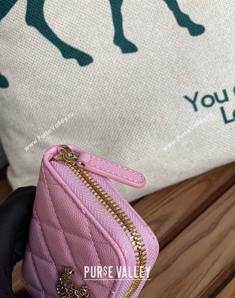Chanel Gold-Tone Cutout CC Logo Zip Card Holder AP3185 in Grained Calfskin Pink (keke-23101157)