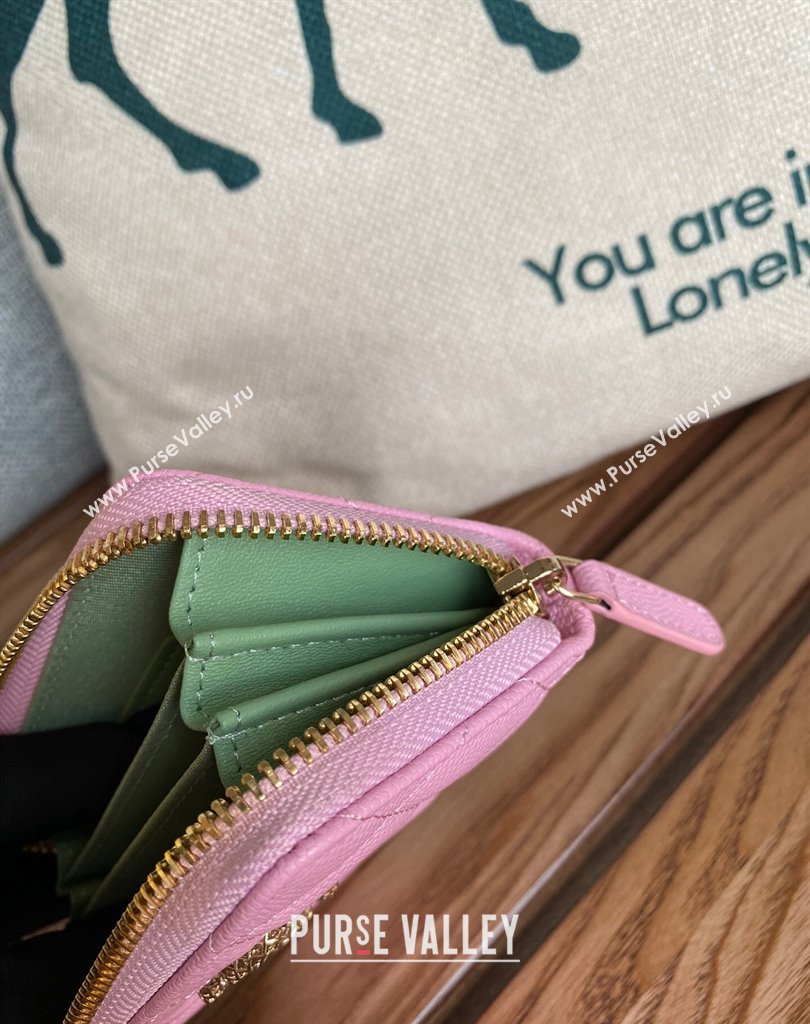 Chanel Gold-Tone Cutout CC Logo Zip Card Holder AP3185 in Grained Calfskin Pink (keke-23101157)