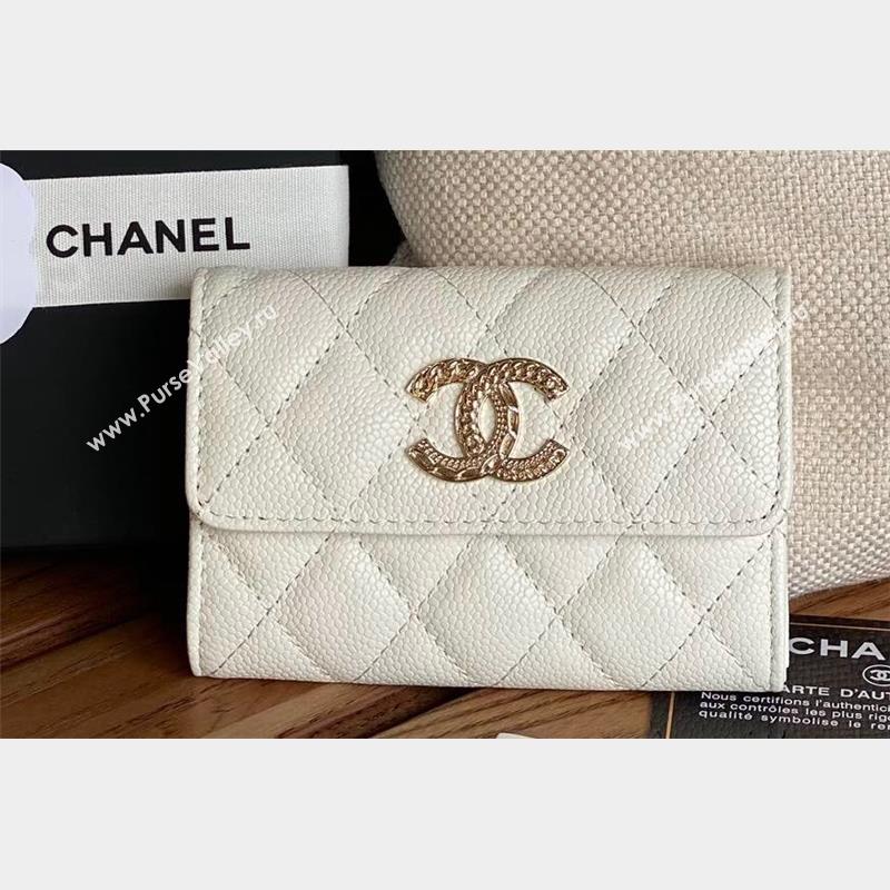 Chanel Gold-Tone Metal Logo Flap Card Holder AP3047 in Grained Calfskin White (keke-23101126)