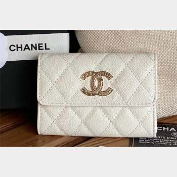 Chanel Gold-Tone Metal Logo Flap Card Holder AP3047 in Grained Calfskin White (keke-23101126)