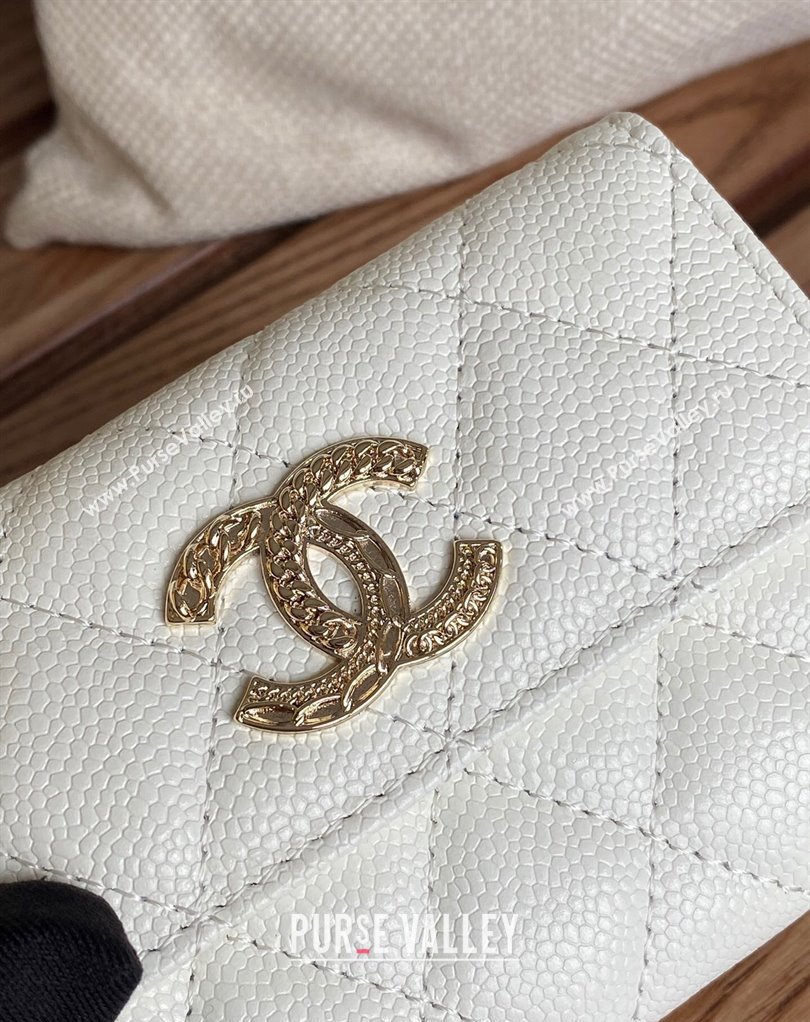 Chanel Gold-Tone Metal Logo Flap Card Holder AP3047 in Grained Calfskin White (keke-23101126)