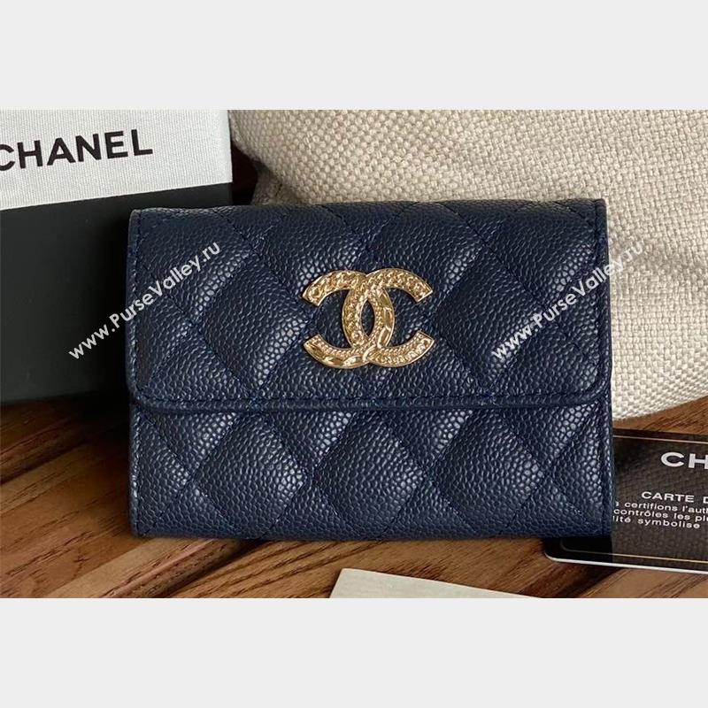 Chanel Gold-Tone Metal Logo Flap Card Holder AP3047 in Grained Calfskin Blue (keke-23101130)