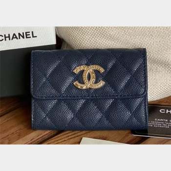 Chanel Gold-Tone Metal Logo Flap Card Holder AP3047 in Grained Calfskin Blue (keke-23101130)