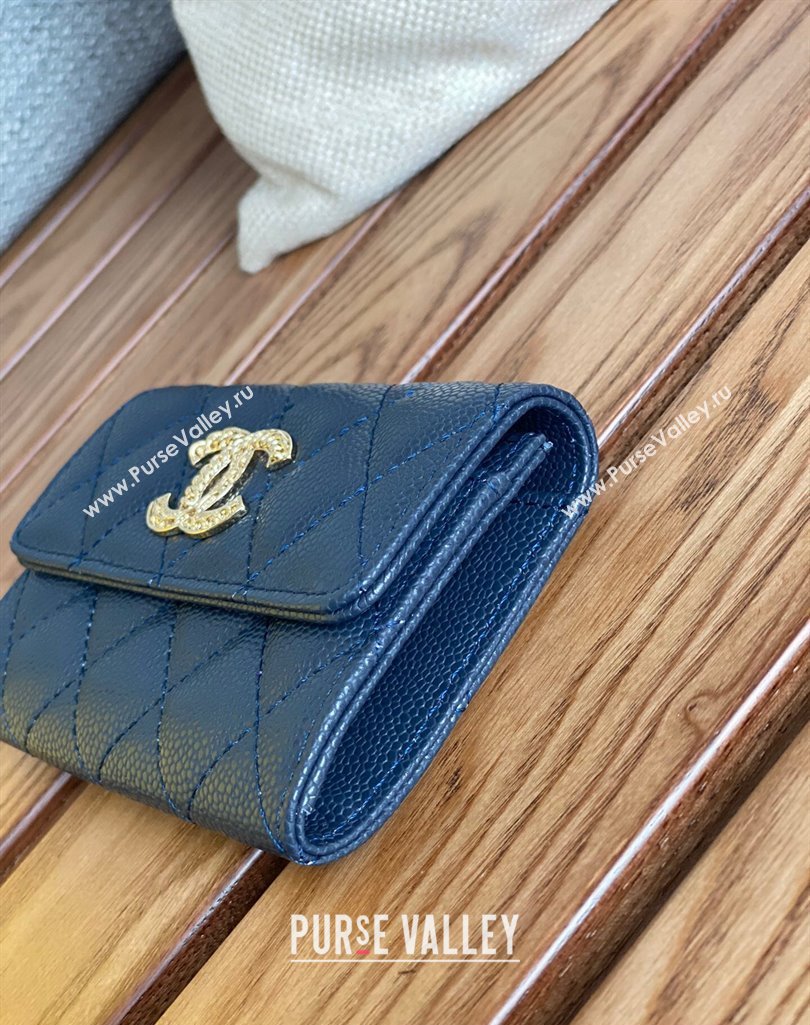 Chanel Gold-Tone Metal Logo Flap Card Holder AP3047 in Grained Calfskin Blue (keke-23101130)