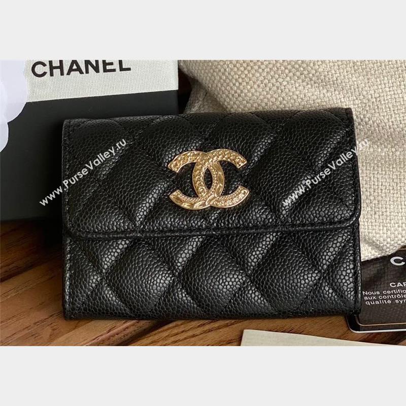 Chanel Gold-Tone Metal Logo Flap Card Holder AP3047 in Grained Calfskin Black (keke-23101125)
