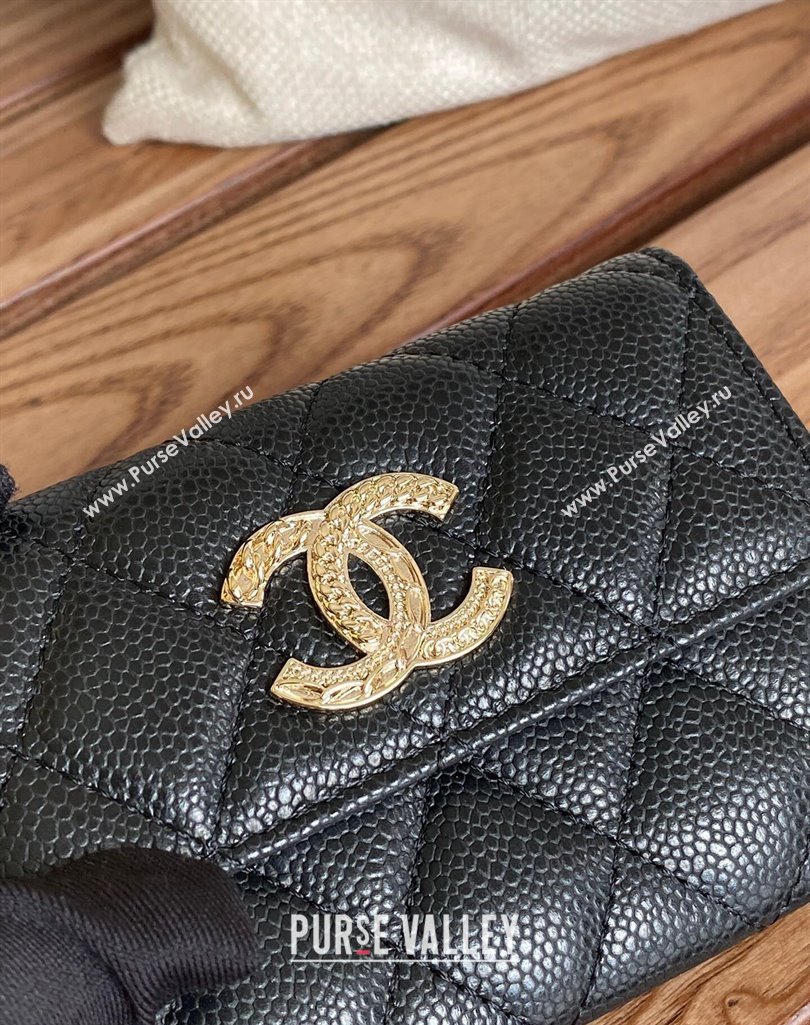Chanel Gold-Tone Metal Logo Flap Card Holder AP3047 in Grained Calfskin Black (keke-23101125)