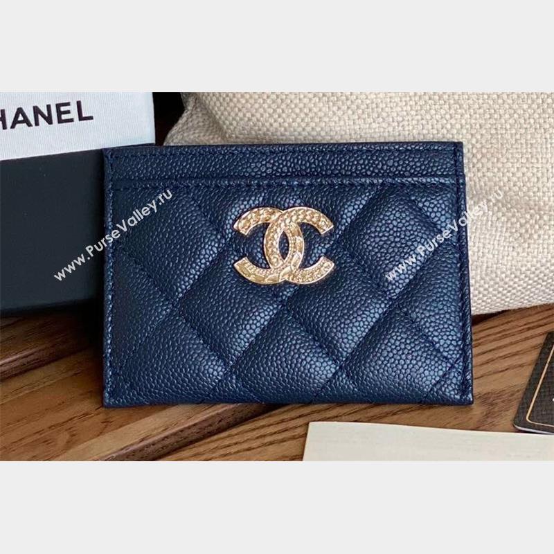 Chanel Gold-Tone Metal Logo Card Holder AP3048 in Grained Calfskin Blue (keke-23101136)