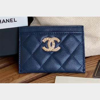 Chanel Gold-Tone Metal Logo Card Holder AP3048 in Grained Calfskin Blue (keke-23101136)