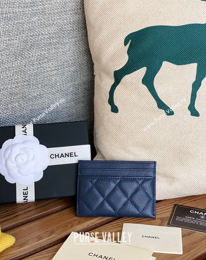 Chanel Gold-Tone Metal Logo Card Holder AP3048 in Grained Calfskin Blue (keke-23101136)