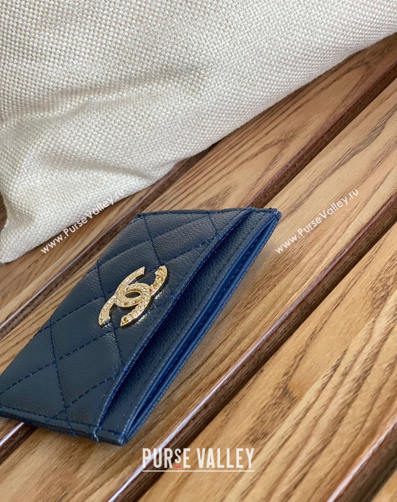 Chanel Gold-Tone Metal Logo Card Holder AP3048 in Grained Calfskin Blue (keke-23101136)