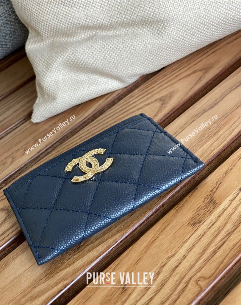 Chanel Gold-Tone Metal Logo Card Holder AP3048 in Grained Calfskin Blue (keke-23101136)