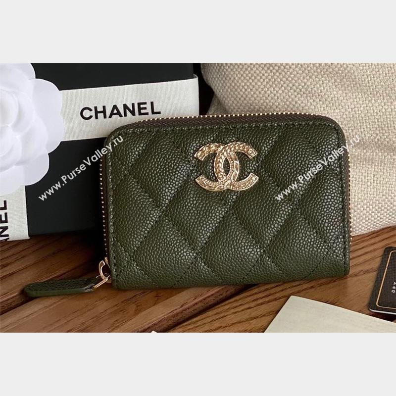 Chanel Gold-Tone Metal Logo Zip Card Holder AP3045 in Grained Calfskin Green (keke-23101141)