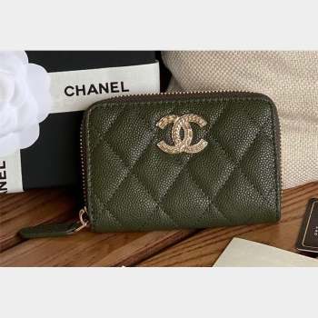Chanel Gold-Tone Metal Logo Zip Card Holder AP3045 in Grained Calfskin Green (keke-23101141)