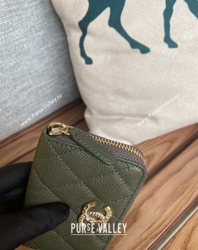 Chanel Gold-Tone Metal Logo Zip Card Holder AP3045 in Grained Calfskin Green (keke-23101141)