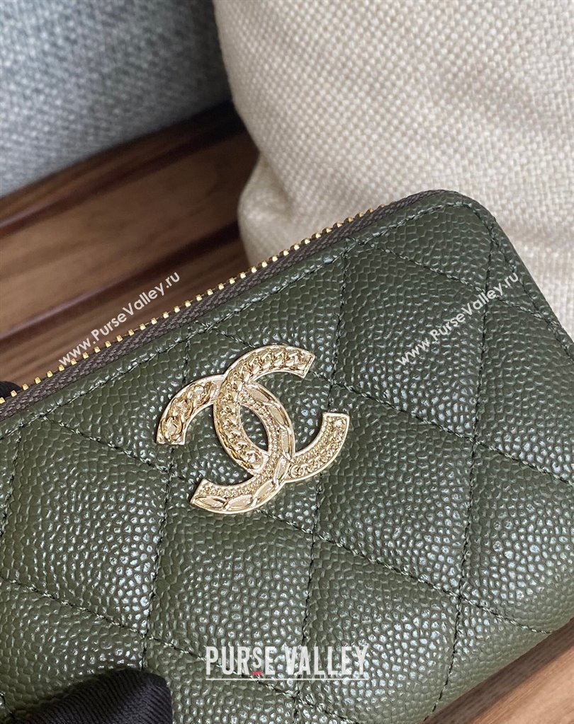 Chanel Gold-Tone Metal Logo Zip Card Holder AP3045 in Grained Calfskin Green (keke-23101141)
