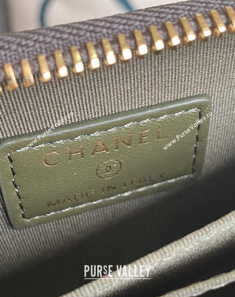 Chanel Gold-Tone Metal Logo Zip Card Holder AP3045 in Grained Calfskin Green (keke-23101141)