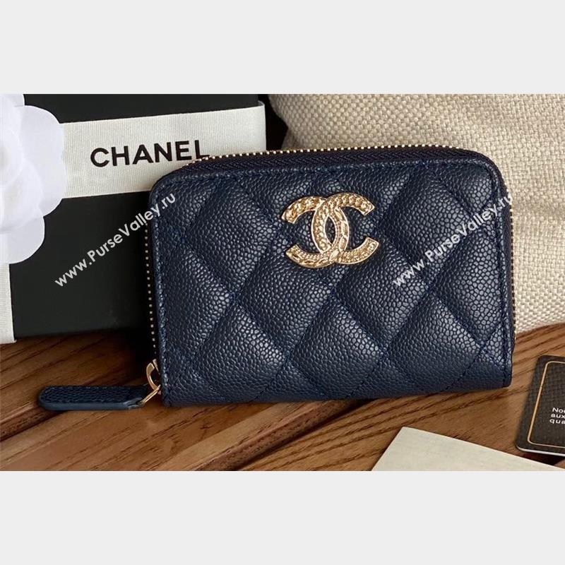 Chanel Gold-Tone Metal Logo Zip Card Holder AP3045 in Grained Calfskin Blue (keke-23101142)