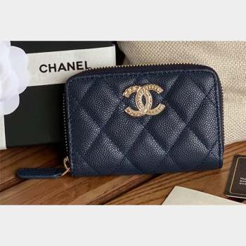 Chanel Gold-Tone Metal Logo Zip Card Holder AP3045 in Grained Calfskin Blue (keke-23101142)