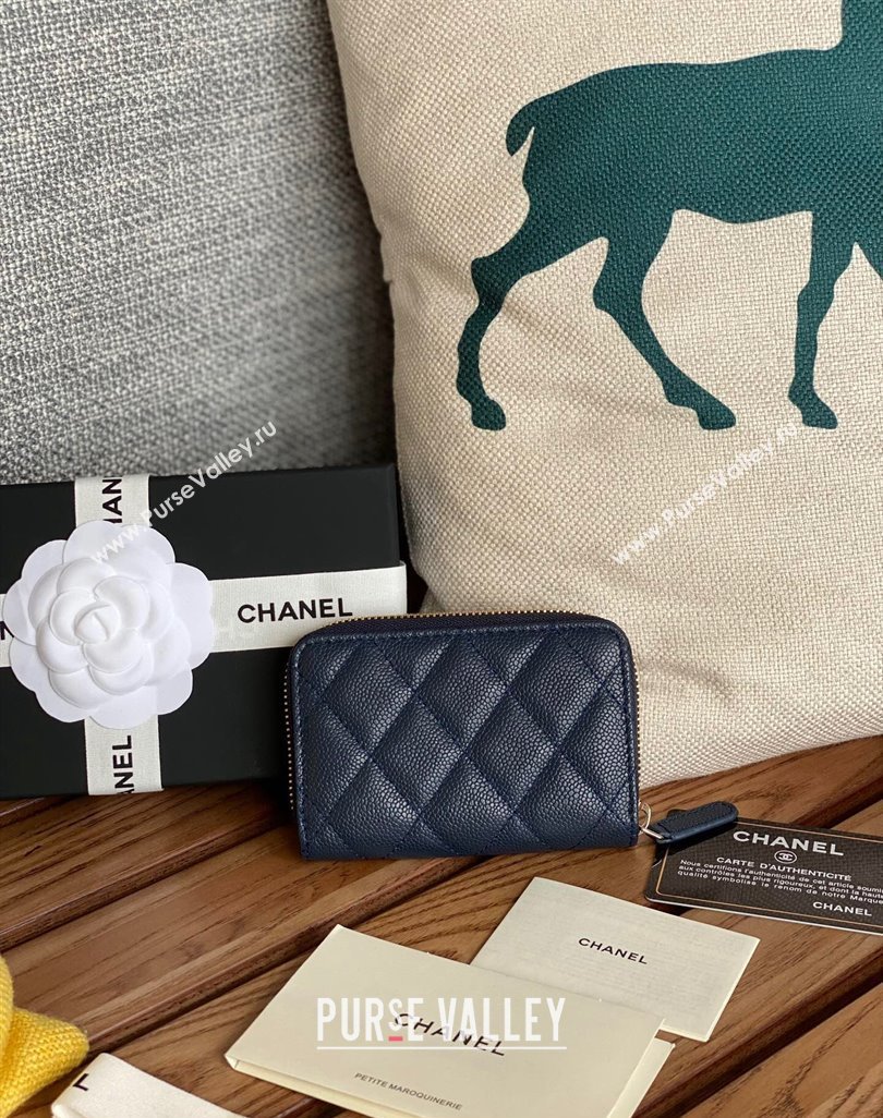 Chanel Gold-Tone Metal Logo Zip Card Holder AP3045 in Grained Calfskin Blue (keke-23101142)