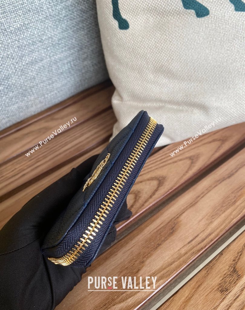 Chanel Gold-Tone Metal Logo Zip Card Holder AP3045 in Grained Calfskin Blue (keke-23101142)