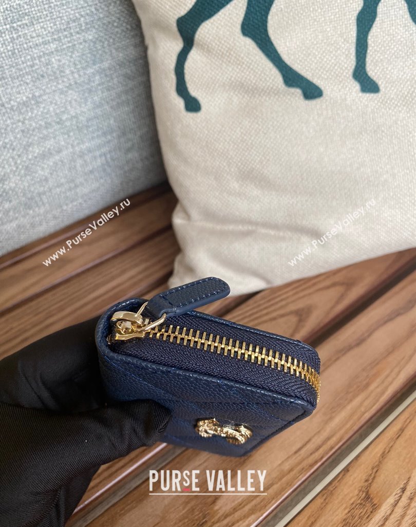 Chanel Gold-Tone Metal Logo Zip Card Holder AP3045 in Grained Calfskin Blue (keke-23101142)