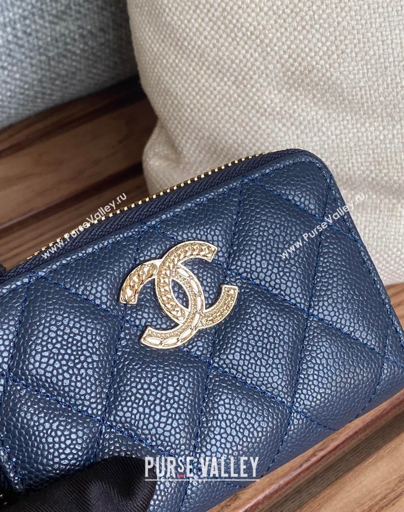 Chanel Gold-Tone Metal Logo Zip Card Holder AP3045 in Grained Calfskin Blue (keke-23101142)