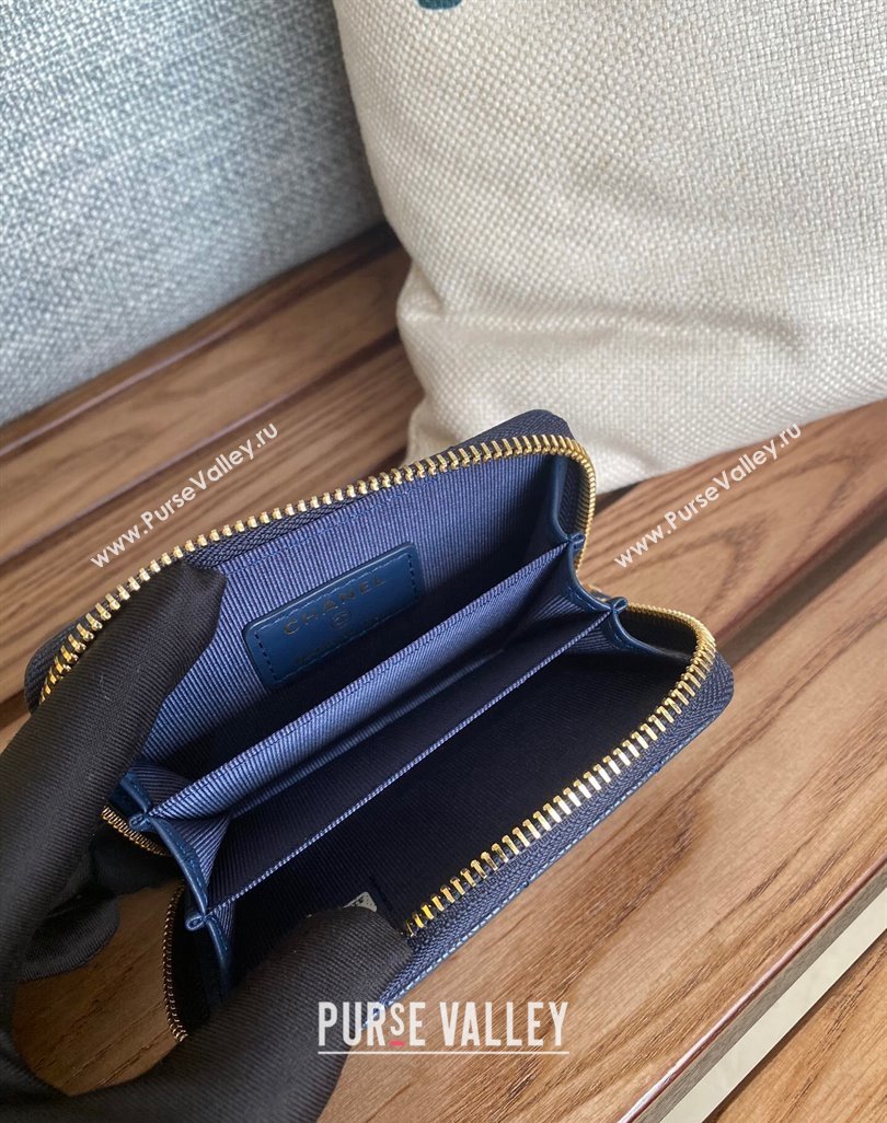 Chanel Gold-Tone Metal Logo Zip Card Holder AP3045 in Grained Calfskin Blue (keke-23101142)