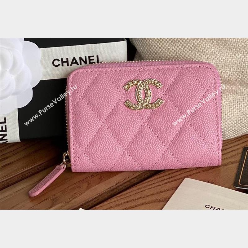 Chanel Gold-Tone Metal Logo Zip Card Holder AP3045 in Grained Calfskin Pink (keke-23101140)