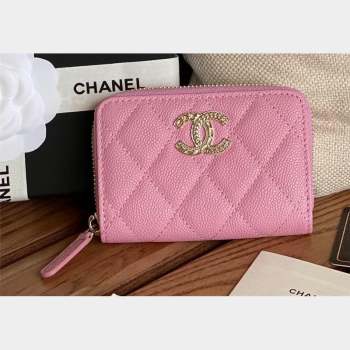 Chanel Gold-Tone Metal Logo Zip Card Holder AP3045 in Grained Calfskin Pink (keke-23101140)