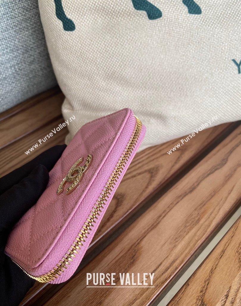 Chanel Gold-Tone Metal Logo Zip Card Holder AP3045 in Grained Calfskin Pink (keke-23101140)