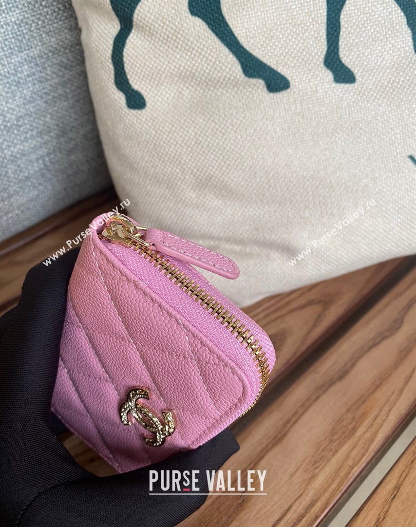 Chanel Gold-Tone Metal Logo Zip Card Holder AP3045 in Grained Calfskin Pink (keke-23101140)